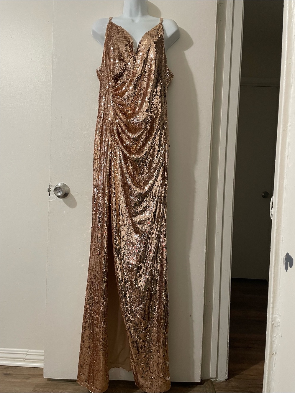 Fashion Nova Rose Gold Sequin Draped Gown